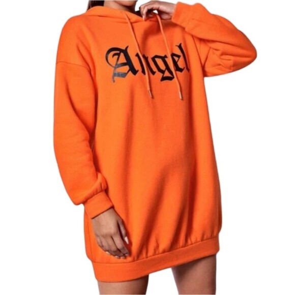 SHEIN Oversized Angel Long Sleeve Orange Hoodie Mini Dress Size Large NWOT - Picture 1 of 7